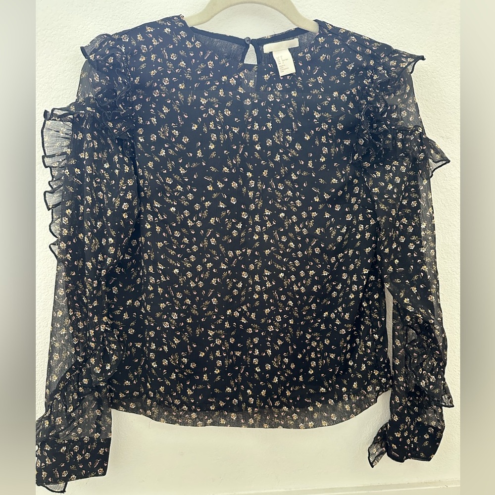 H&M Flounced Blouse Black Floral Ruffle Puff Sleeves Long Sleeves Sheer